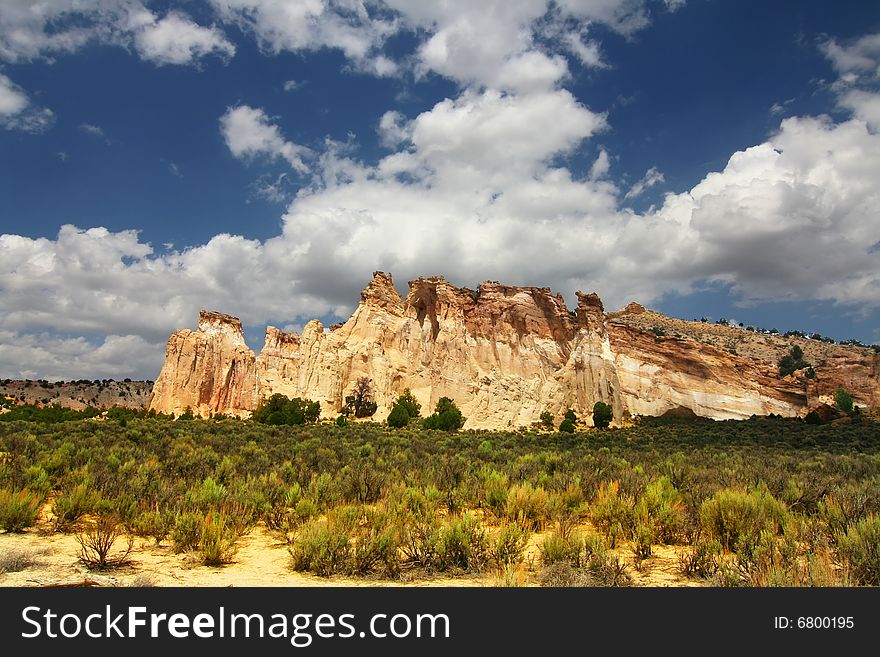 View of the red rock formations in Grand Staircase Escalante National Monument with blue sky�s and clouds