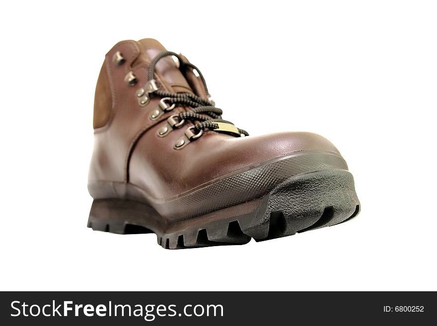 New brown leather walking boot from low angle with focus on toe