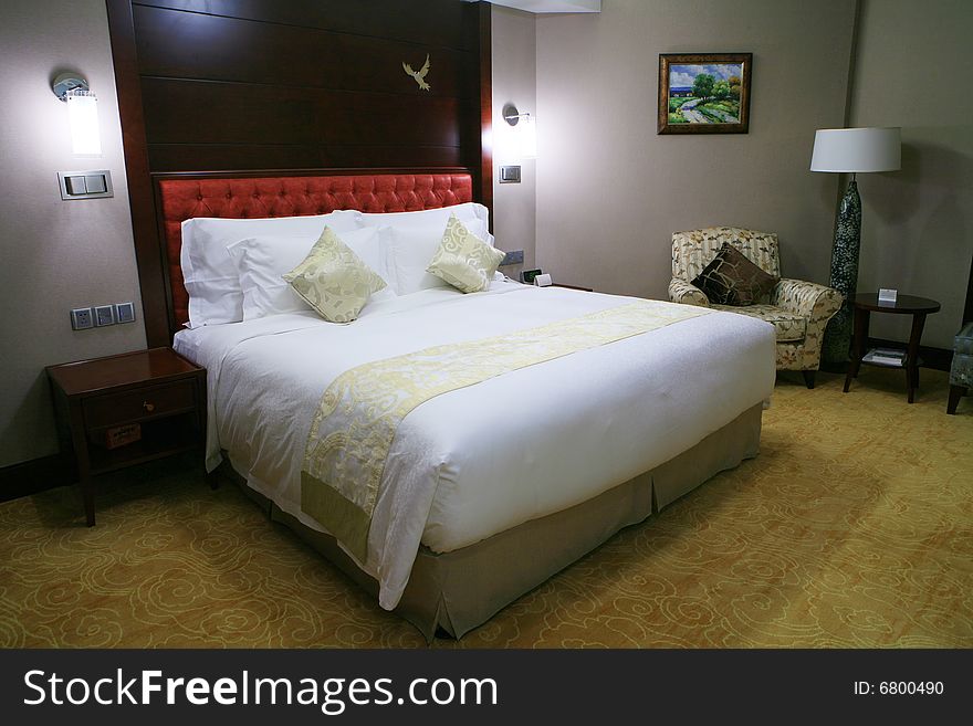 Bedroom with lamp bed and pillows. Bedroom with lamp bed and pillows