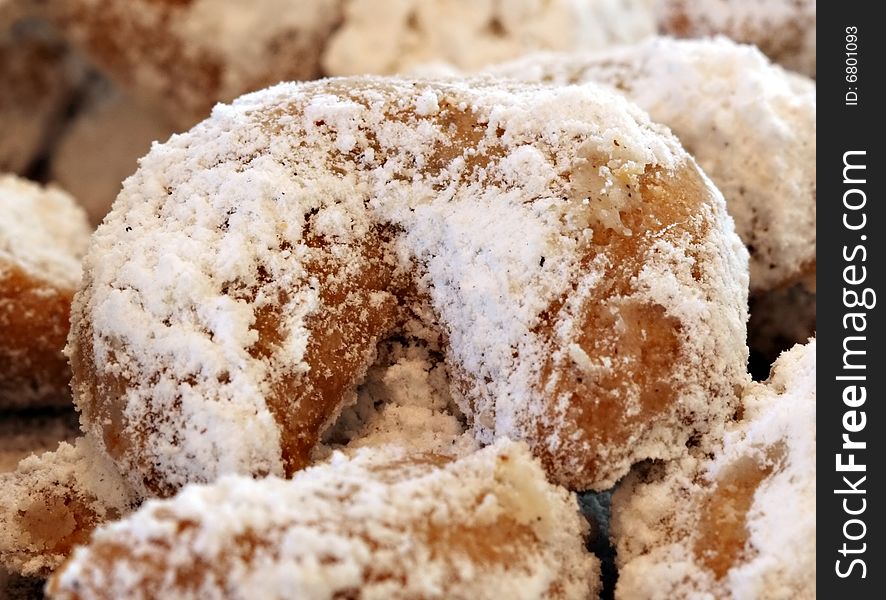 Close up of vanilla cornets with powdered sugar