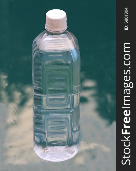 Bottle of pure mineral water  on blue water background. Bottle of pure mineral water  on blue water background