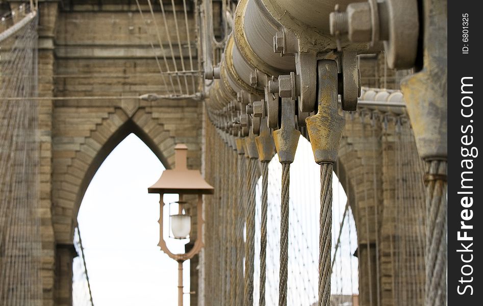 Brooklyn Bridge's Arches, Cables, Screws, and nuts in close up.