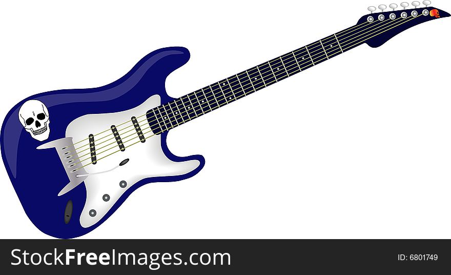 Illustration of blue electric guitar with scull
