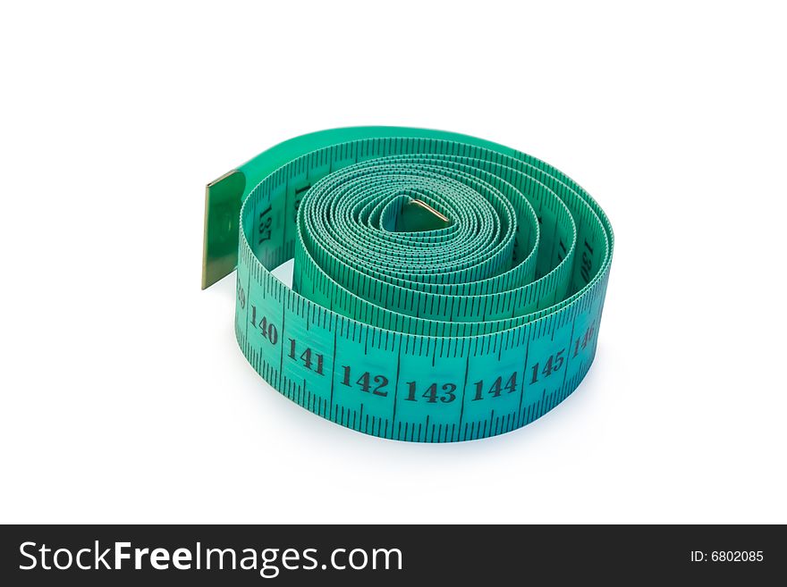 The curtailed green tape measure on a white background