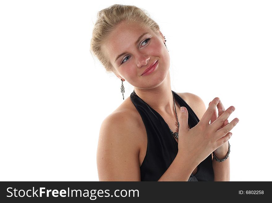 Girl with estimating looks isolated on white background