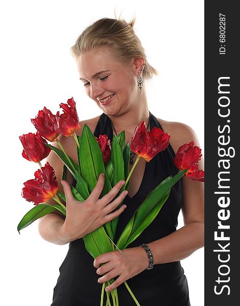 Woman in dress with tulips flowers isolated on white background