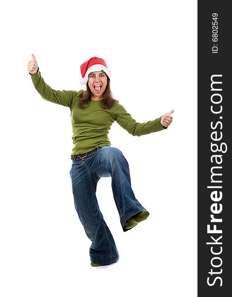 Funny santa woman with green shirt isolated on white background