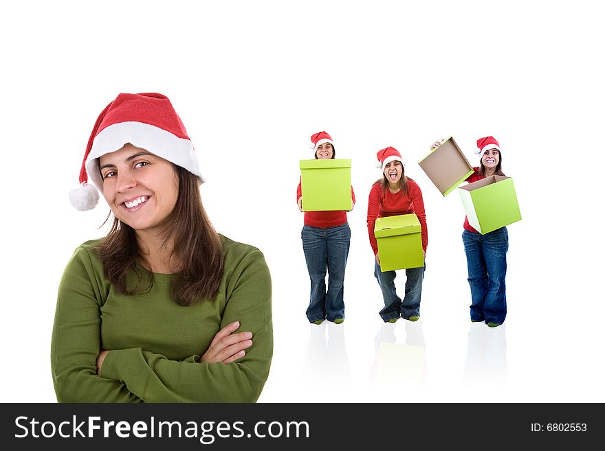 Young Santa Woman With Friends Holding Presents
