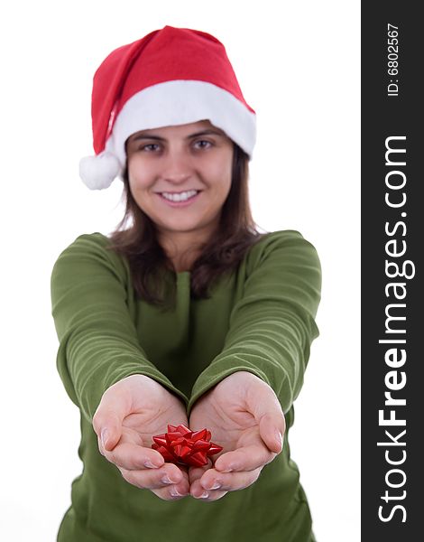 Santa woman holding small red ribbon in her hands