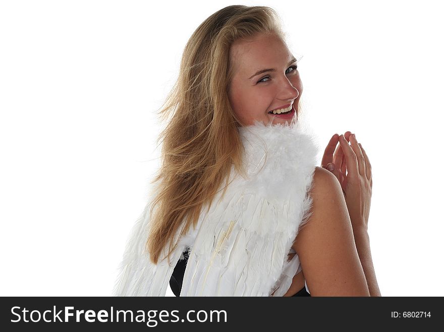 Girl like an angel isolated on white background