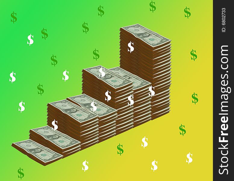 Rising and falling dollar on green and yellow background. Rising and falling dollar on green and yellow background