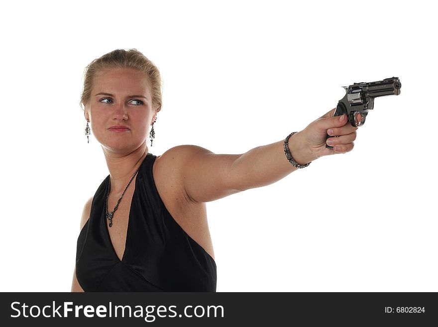 Young blond woman in black dress with revolver isolated on white background. Young blond woman in black dress with revolver isolated on white background