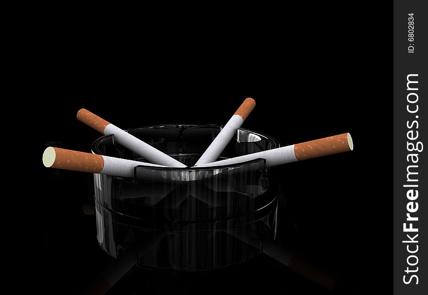Cigarettes with filters in ashtray on black background