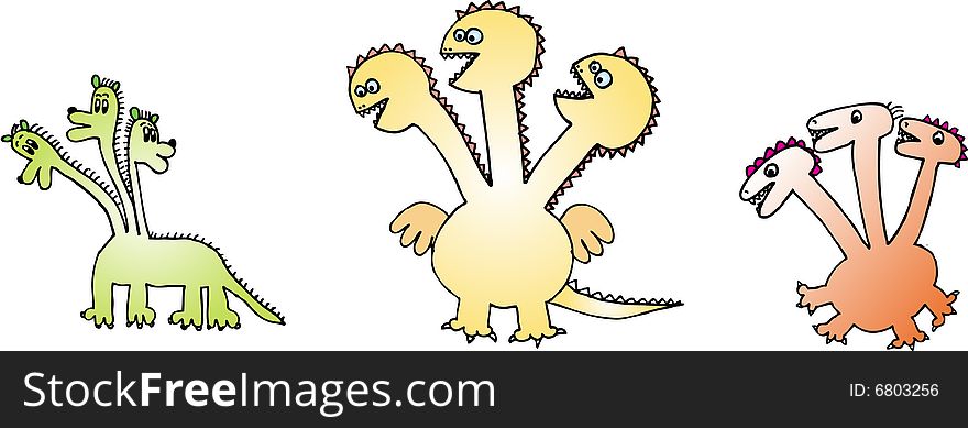 Funny fairy dragons with three heads. illustration