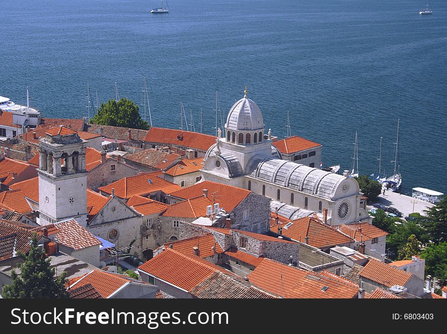Church with red roofs in Sibenik. Church with red roofs in Sibenik