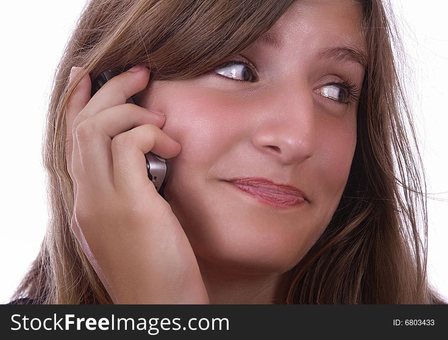 Young girl portrait, talking on the telephone