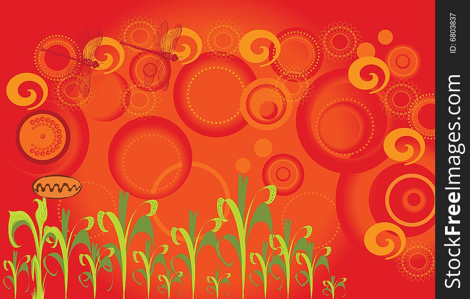 Primavera spring time with plants and stars illustration on orange and red happy holidays background. Primavera spring time with plants and stars illustration on orange and red happy holidays background