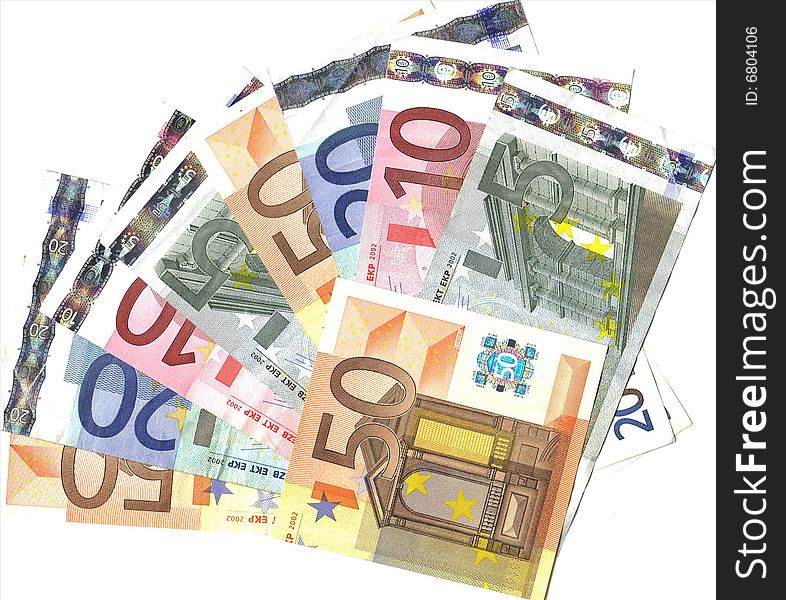 European banknotes cutting different on white background