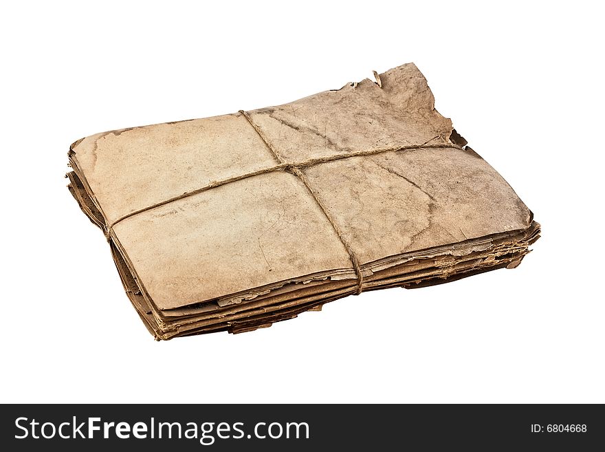 Old paper parcel tied with string on white background, clipping path.