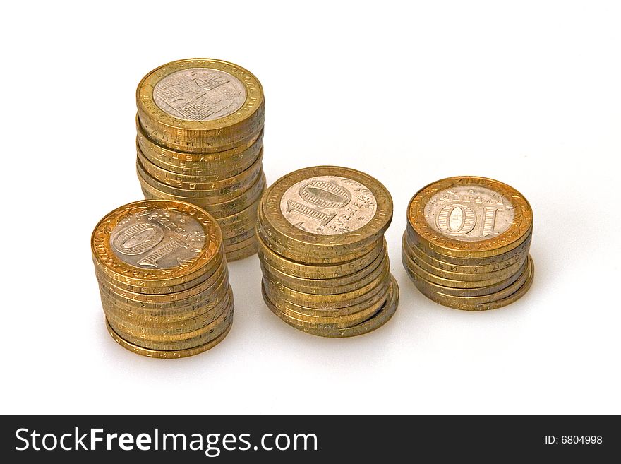 Four stacks of coins rubles Russian currency. Four stacks of coins rubles Russian currency