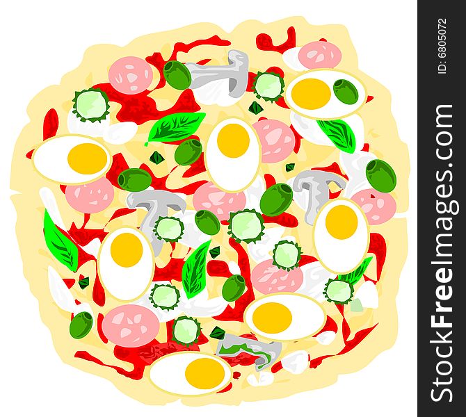 Big vector image of a pizza with plenty of ingredients : eggs, courgettes,capers, mortadella, basil, mushrooms, mozzarella cheese, tomato, Olives, oil. Big vector image of a pizza with plenty of ingredients : eggs, courgettes,capers, mortadella, basil, mushrooms, mozzarella cheese, tomato, Olives, oil.