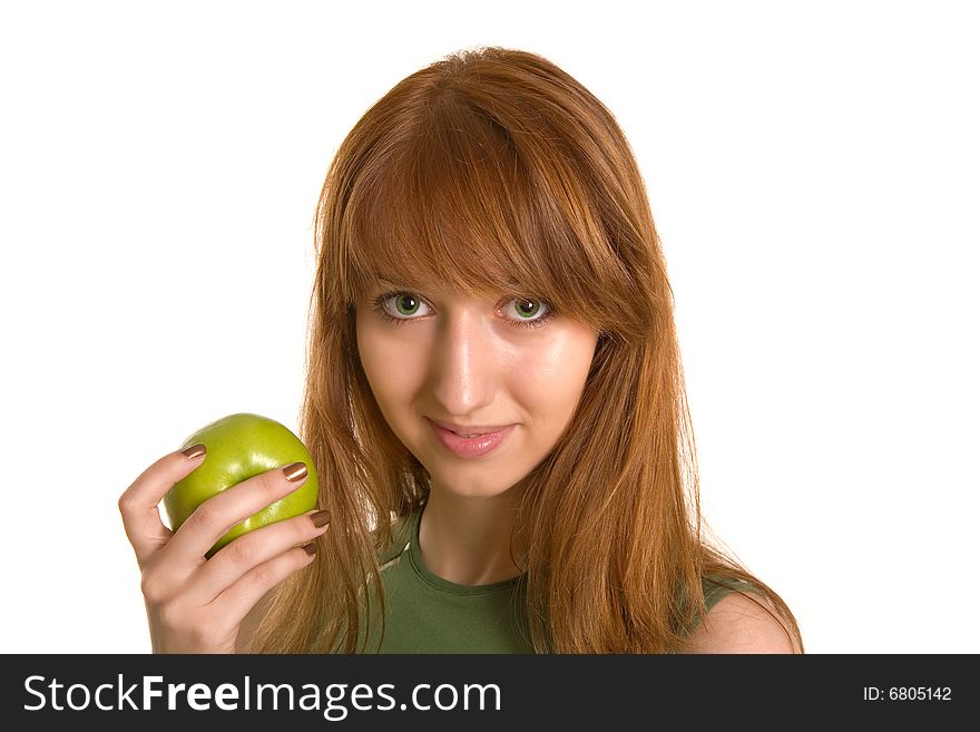 Beautiful girl with green apple isolated on white background