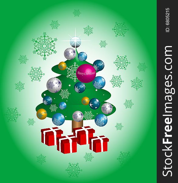 Abstract colorful illustration with Christmas tree, snowflakes, red gift boxes and colored Christmas balls