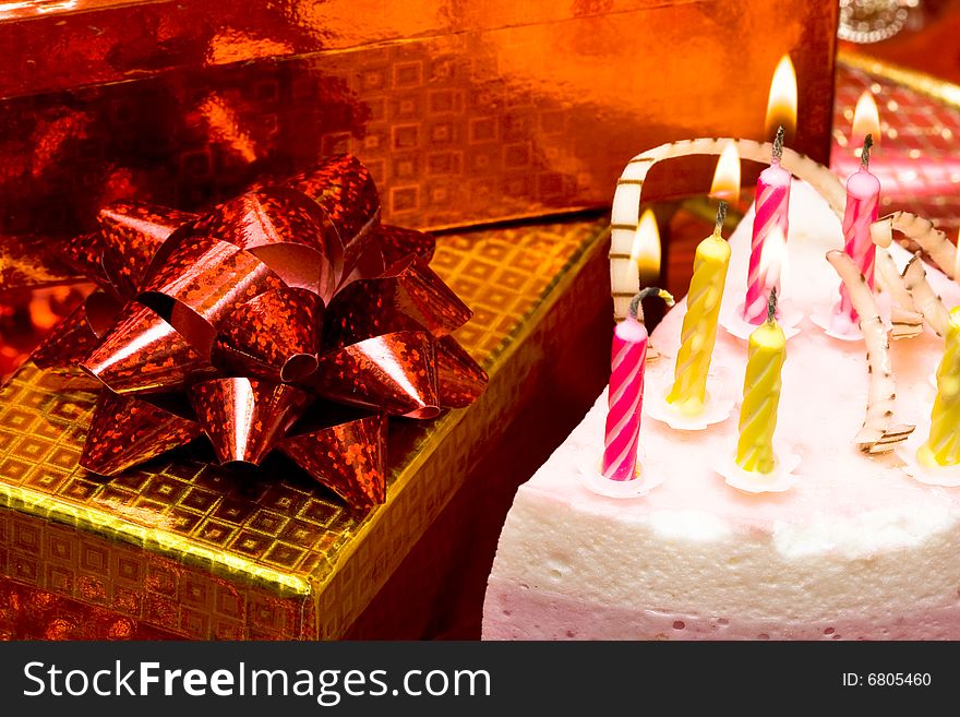 Cake and candles on celebratory table