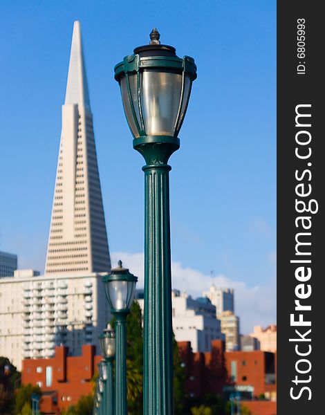 Lamp post in front of Transamerica Pyramid. Lamp post in front of Transamerica Pyramid