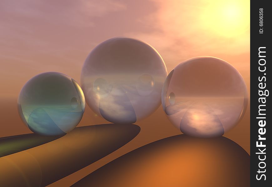 Three crystal spheres with the sunlight refracting through them. Three crystal spheres with the sunlight refracting through them.