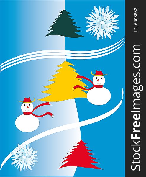 Two snow men and three varicoloured firs on a winter background. Two snow men and three varicoloured firs on a winter background.