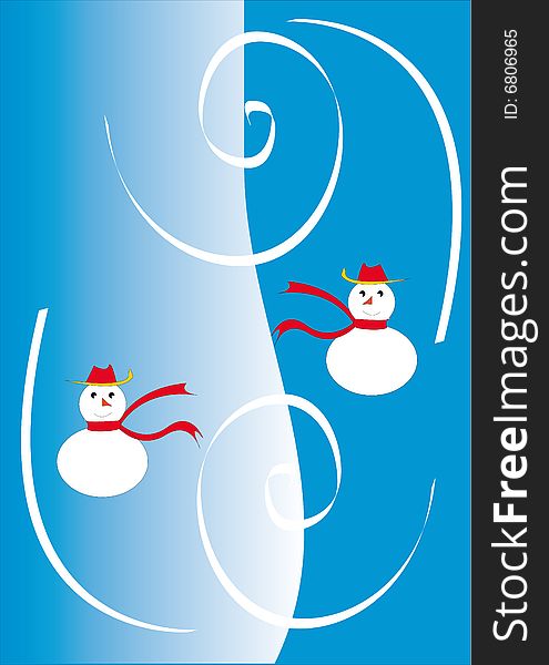 Two snowmen with red hats and scarfs. White-blue background and snow whirlwinds. Two snowmen with red hats and scarfs. White-blue background and snow whirlwinds.