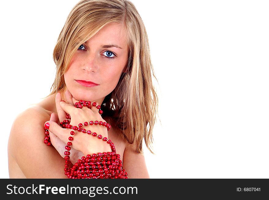 Blond girl with red necklace on white background. Blond girl with red necklace on white background