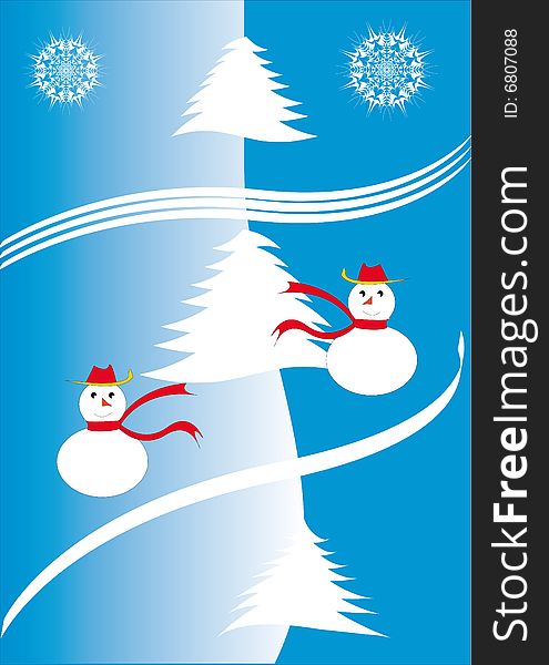 Two snow men and three snow-bound silver firs on a winter background. Two snow men and three snow-bound silver firs on a winter background.