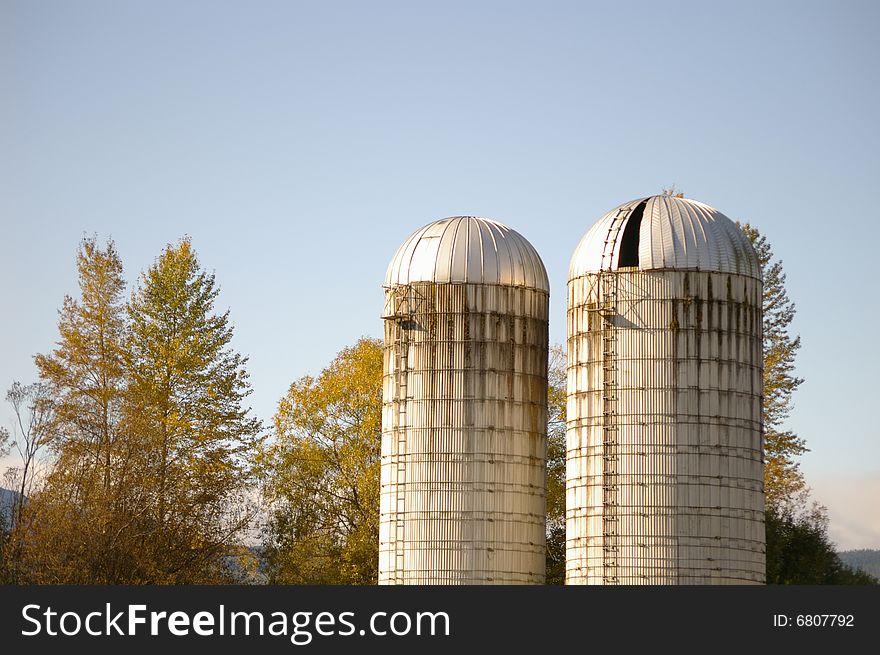 Skyline of a pair of silos at a farm in Washington State