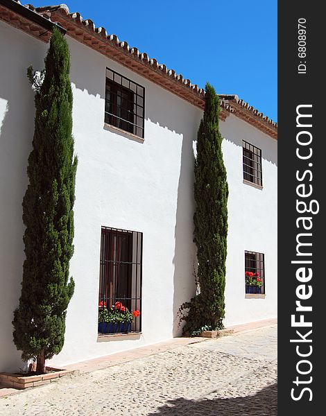 Typical front of a andalusian house, white, with flowers and cypresses. Typical front of a andalusian house, white, with flowers and cypresses