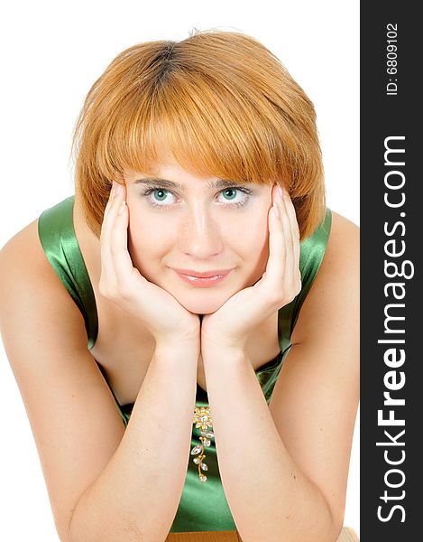 Portrait of thoughtful young pretty woman, isolated on white