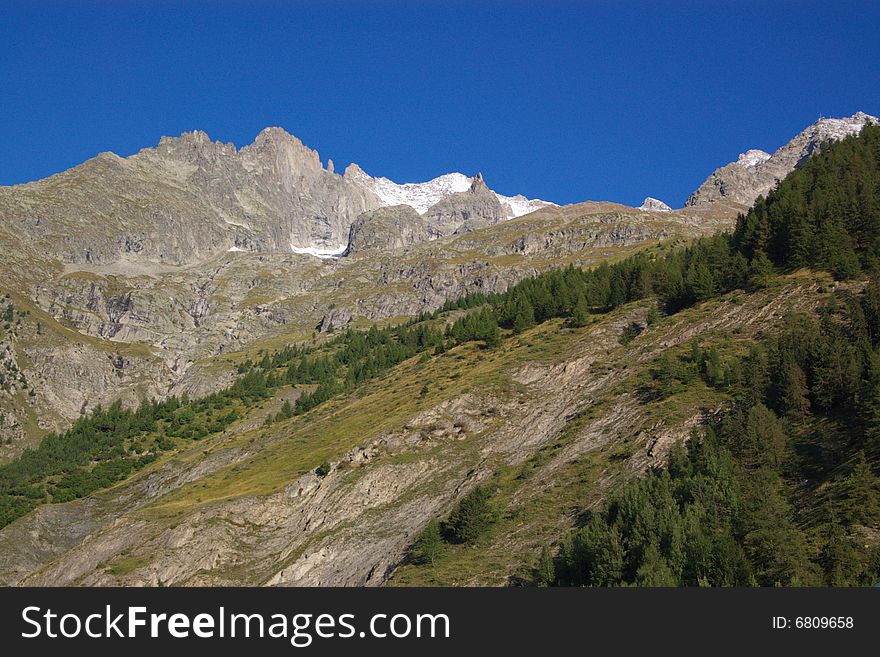Rocky mountain landscape with snow caps, green slopes, blue sky. Italy, Mont Blanc massive, EU. Rocky mountain landscape with snow caps, green slopes, blue sky. Italy, Mont Blanc massive, EU.