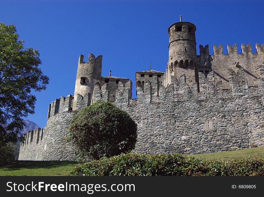 Medieval castle  walls and towers in Italy, Aosta region. Medieval castle  walls and towers in Italy, Aosta region.