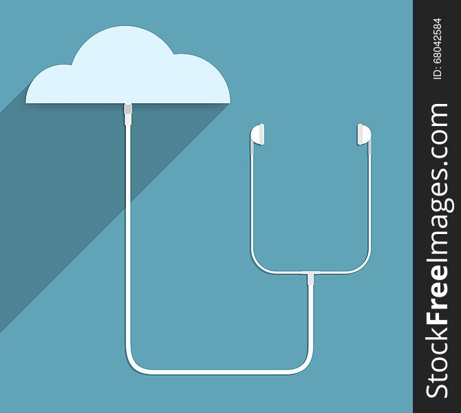 Earphone is connected to the cloud network. Vector illustration.