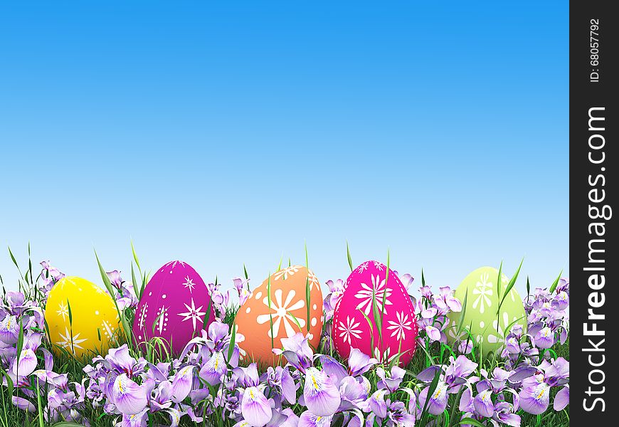 Easter colorful eggs on the meadow on blue background