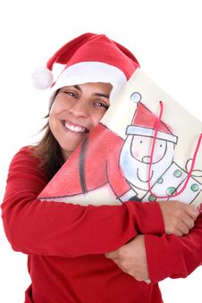 Happy Santa Woman Holding Present Bag In Her Hands Stock Images Happy Santa Woman Holding Present Bag In Her Hands Stock Images