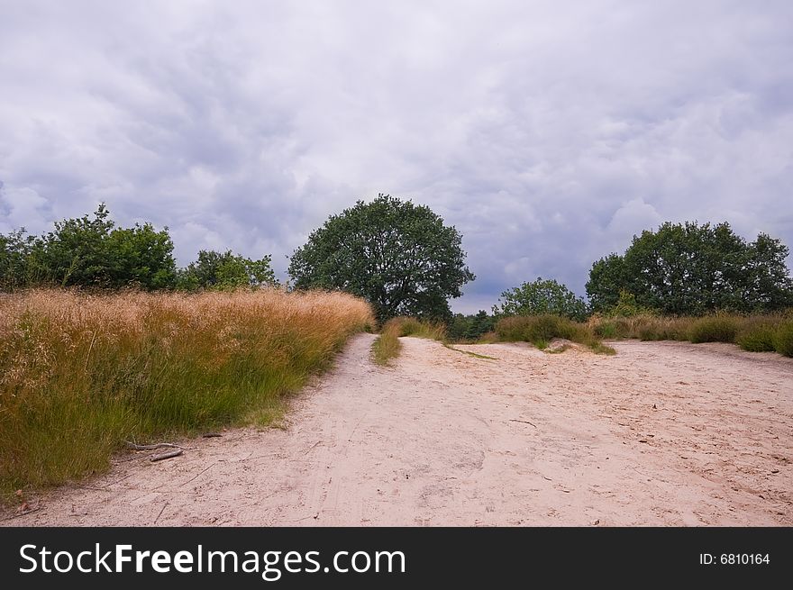 Sand path in a rural environment with dark rain clouds. Sand path in a rural environment with dark rain clouds