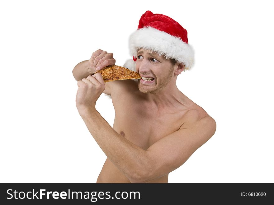 Male Wearing Santa Cap Eating Pizza