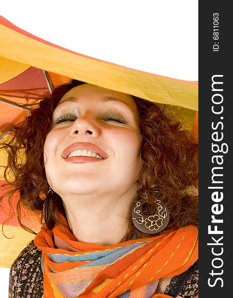 Closeup portrait of a smiling girl with colorful umbrella. Closeup portrait of a smiling girl with colorful umbrella