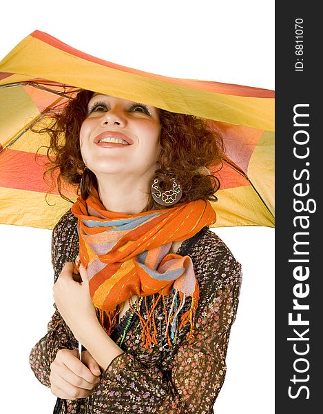 Closeup portrait of a smiling  girl with colorful umbrella. Closeup portrait of a smiling  girl with colorful umbrella