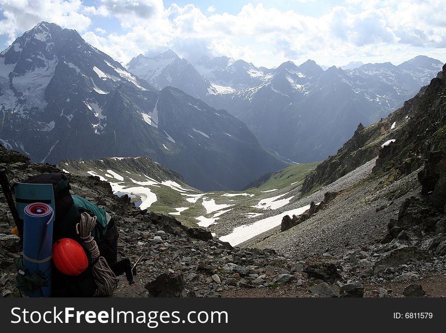 Backpack At Caucasian Mountains