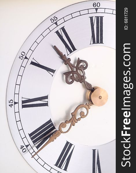 Old clock closeup, white background, isolated. Old clock closeup, white background, isolated