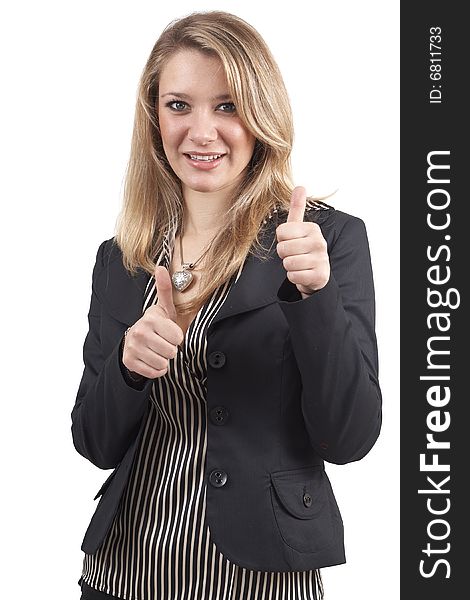 Beautiful blonde businesswoman wearing office clothes showing ok sign with her hands. Isolated on white background