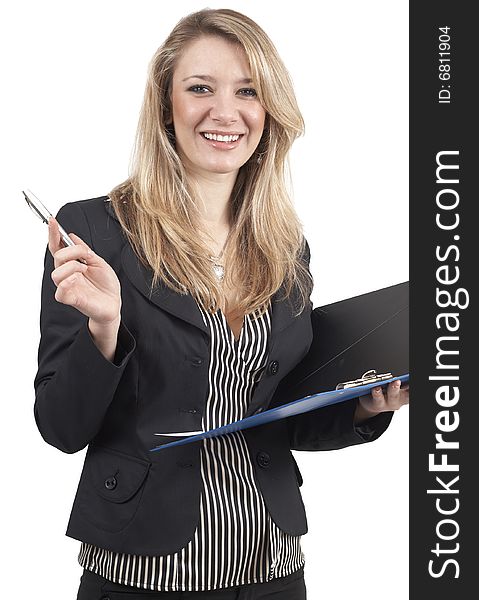 Beautiful happy blonde businesswoman wearing office clothes holding clipboard and pen. Isolated on white background. Beautiful happy blonde businesswoman wearing office clothes holding clipboard and pen. Isolated on white background